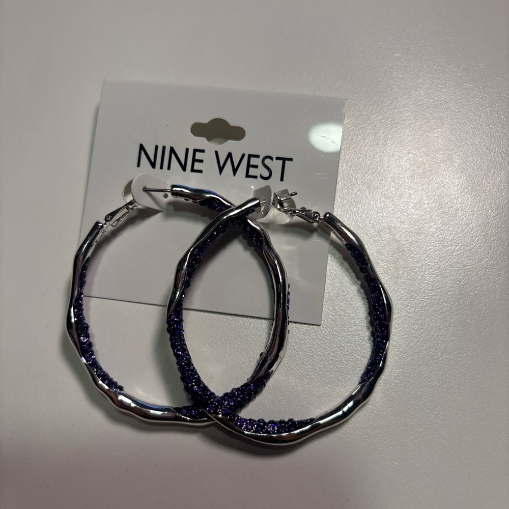 Nine West Silver and Dark purple Hoop Earrings